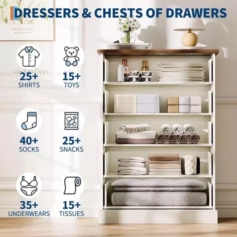 Dresser, Chest of Drawers 5 Drawer Tall Fluted Vertical Storage, Wood Bedroom Organizer with Metal Handles, Space-Saving for Apartment