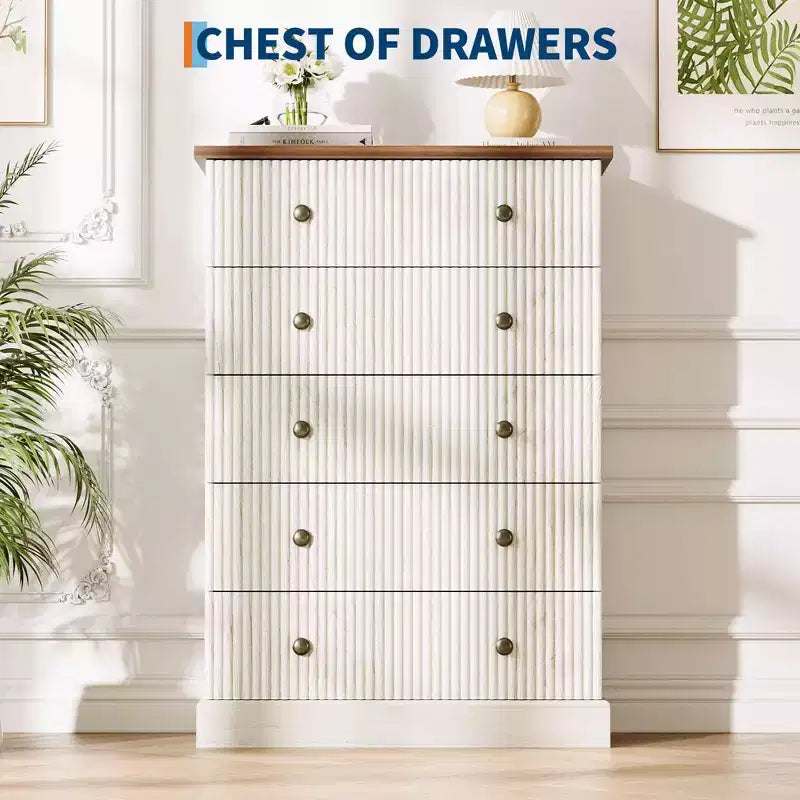 Dresser, Chest of Drawers 5 Drawer Tall Fluted Vertical Storage, Wood Bedroom Organizer with Metal Handles, Space-Saving for Apartment