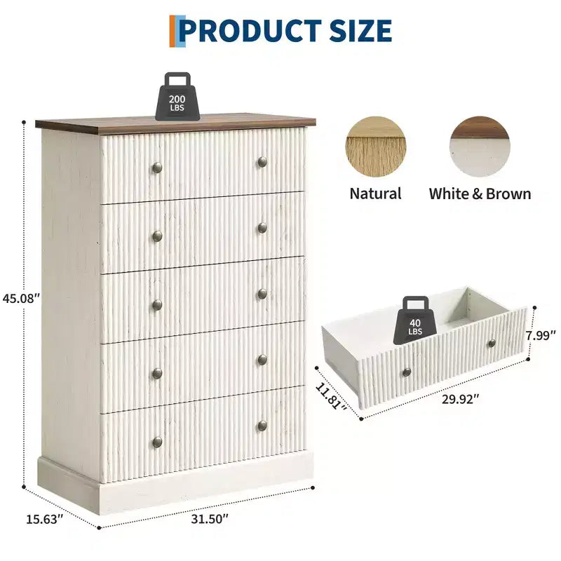 Dresser, Chest of Drawers 5 Drawer Tall Fluted Vertical Storage, Wood Bedroom Organizer with Metal Handles, Space-Saving for Apartment