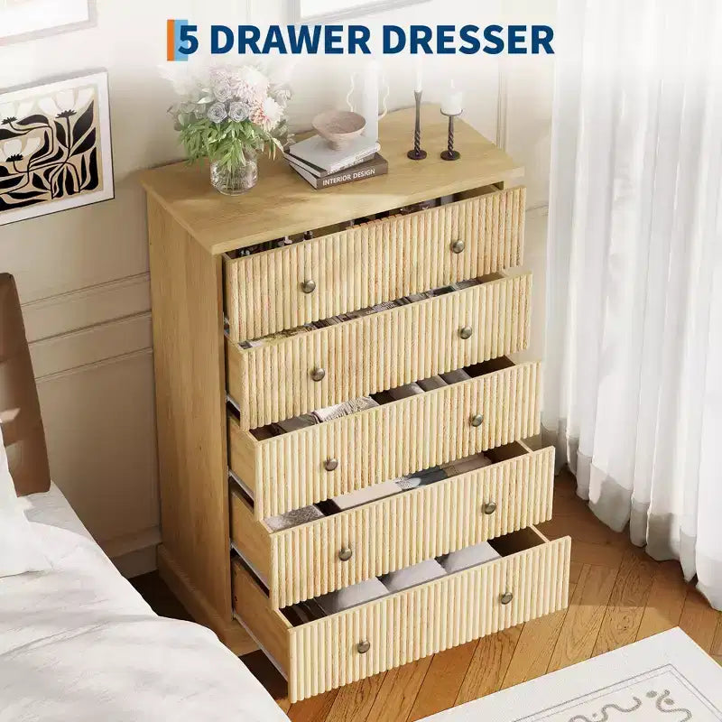 Dresser, Chest of Drawers 5 Drawer Tall Fluted Vertical Storage, Wood Bedroom Organizer with Metal Handles, Space-Saving for Apartment