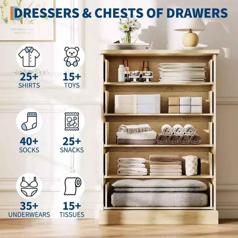 Dresser, Chest of Drawers 5 Drawer Tall Fluted Vertical Storage, Wood Bedroom Organizer with Metal Handles, Space-Saving for Apartment