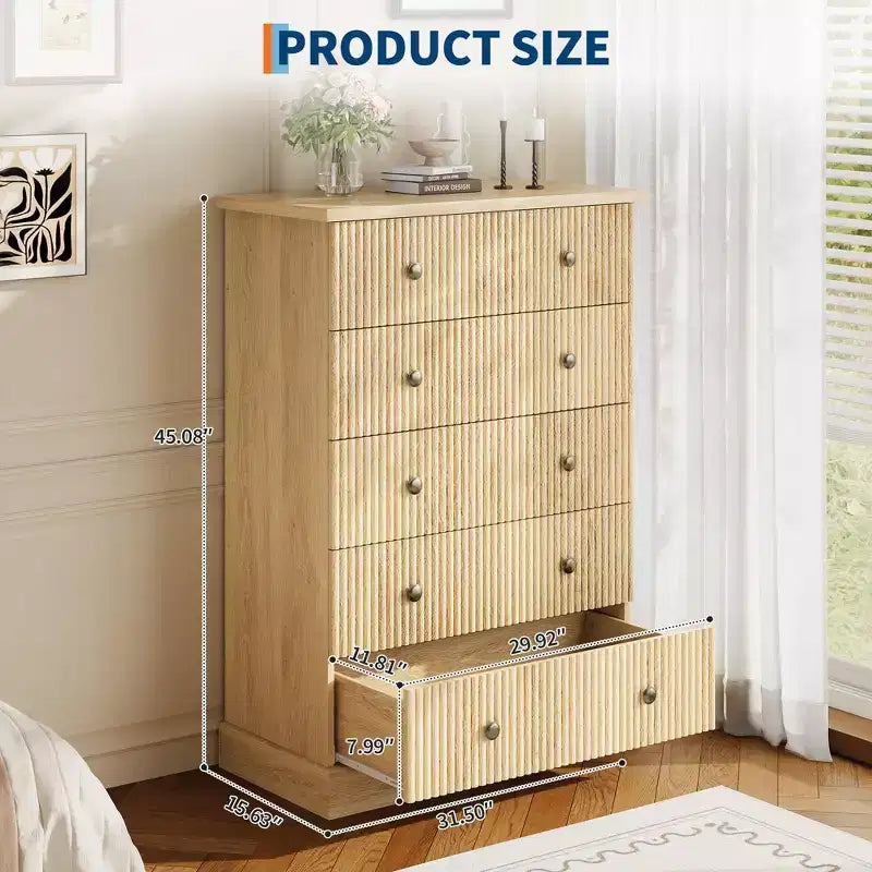 Dresser, Chest of Drawers 5 Drawer Tall Fluted Vertical Storage, Wood Bedroom Organizer with Metal Handles, Space-Saving for Apartment