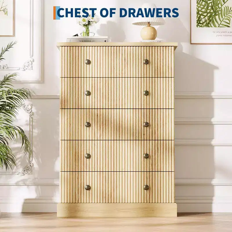 Dresser, Chest of Drawers 5 Drawer Tall Fluted Vertical Storage, Wood Bedroom Organizer with Metal Handles, Space-Saving for Apartment