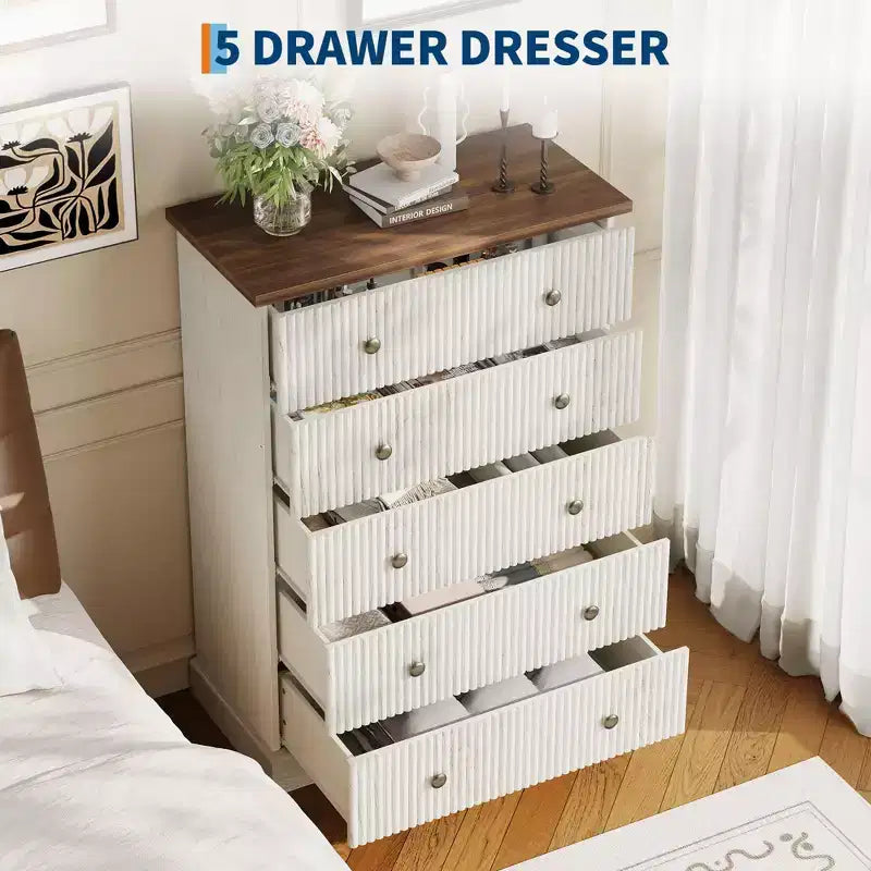 Dresser, Chest of Drawers 5 Drawer Tall Fluted Vertical Storage, Wood Bedroom Organizer with Metal Handles, Space-Saving for Apartment