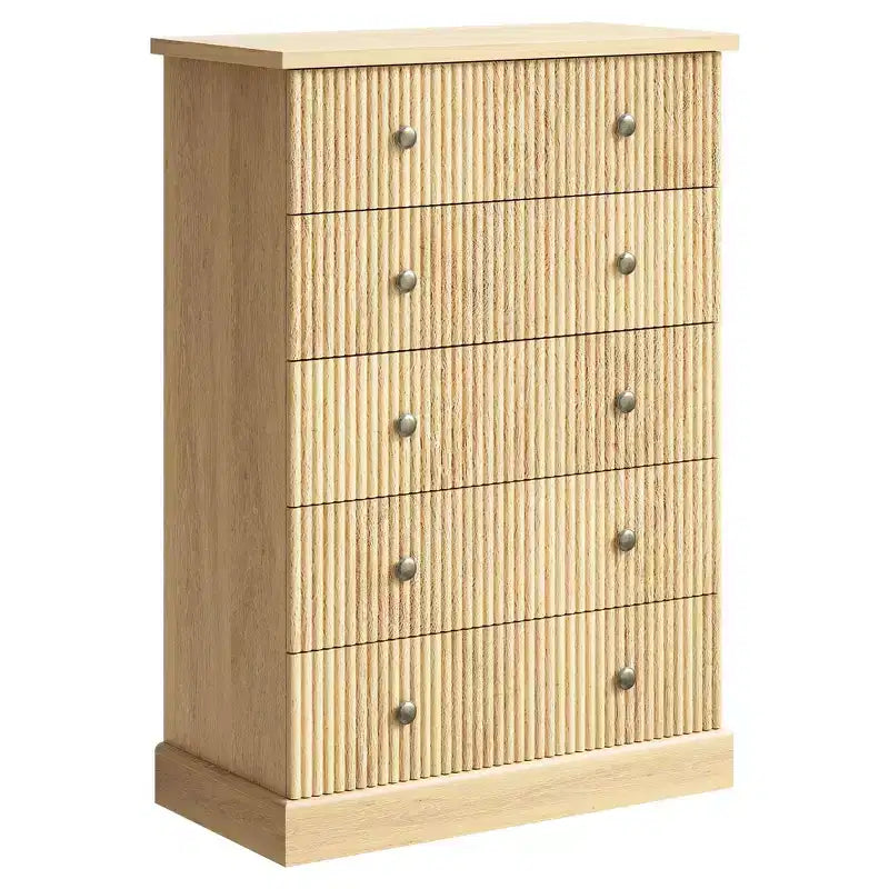 Dresser, Chest of Drawers 5 Drawer Tall Fluted Vertical Storage, Wood Bedroom Organizer with Metal Handles, Space-Saving for Apartment