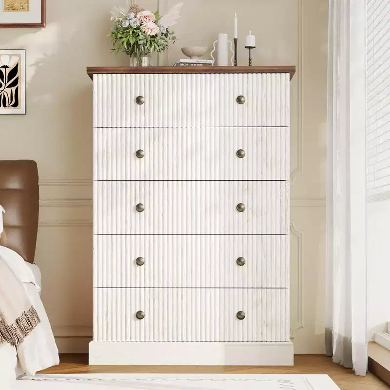 Dresser, Chest of Drawers 5 Drawer Tall Fluted Vertical Storage, Wood Bedroom Organizer with Metal Handles, Space-Saving for Apartment