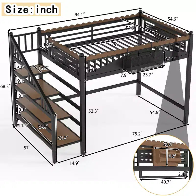 Bellemave Loft Bed with Storage Stairs, Metal Loft Beds Frame with Storage Shelves and Bookshelf for Bedroom, Guest and Dorms, Black