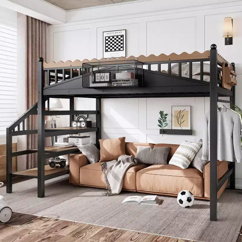 Bellemave Loft Bed with Storage Stairs, Metal Loft Beds Frame with Storage Shelves and Bookshelf for Bedroom, Guest and Dorms, Black