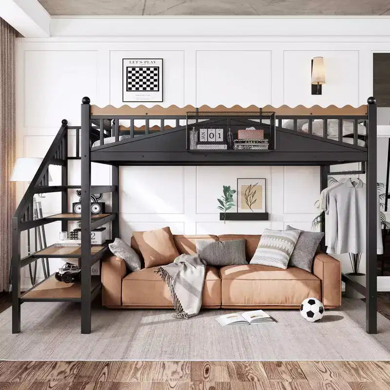 Bellemave Loft Bed with Storage Stairs, Metal Loft Beds Frame with Storage Shelves and Bookshelf for Bedroom, Guest and Dorms, Black