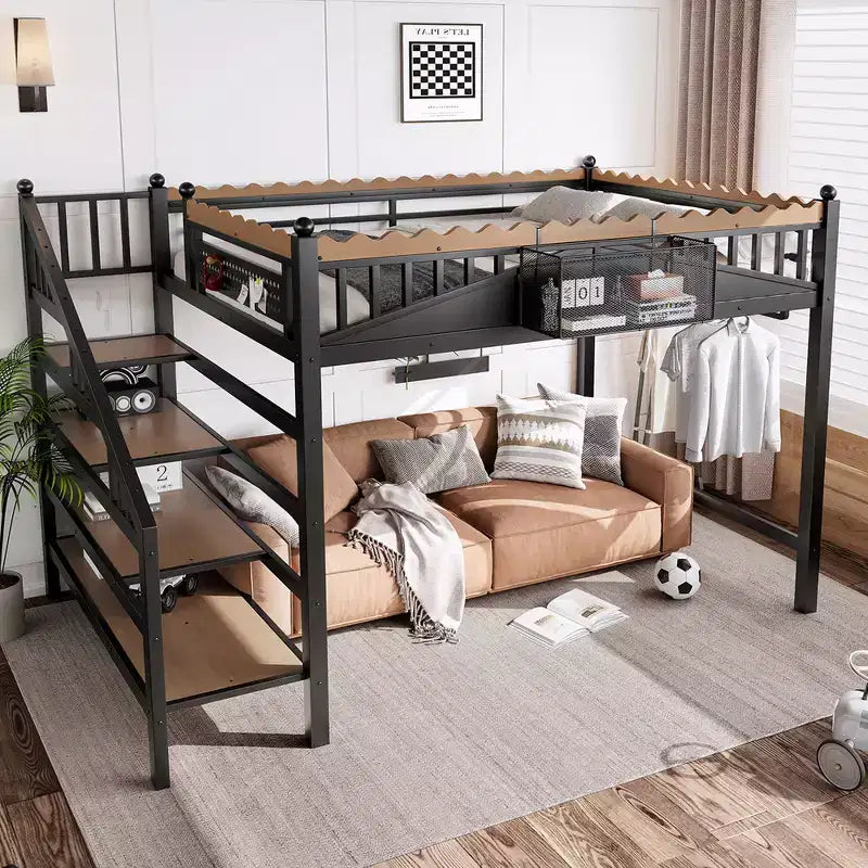 Bellemave Loft Bed with Storage Stairs, Metal Loft Beds Frame with Storage Shelves and Bookshelf for Bedroom, Guest and Dorms, Black