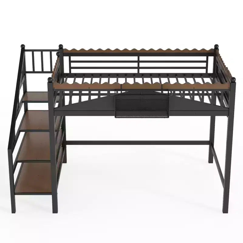 Bellemave Loft Bed with Storage Stairs, Metal Loft Beds Frame with Storage Shelves and Bookshelf for Bedroom, Guest and Dorms, Black