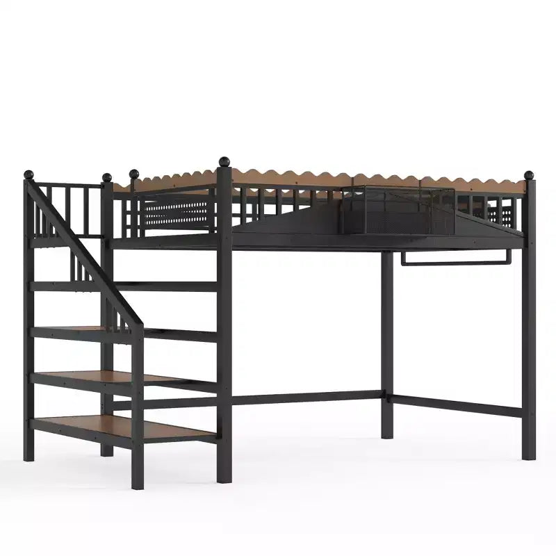 Bellemave Loft Bed with Storage Stairs, Metal Loft Beds Frame with Storage Shelves and Bookshelf for Bedroom, Guest and Dorms, Black