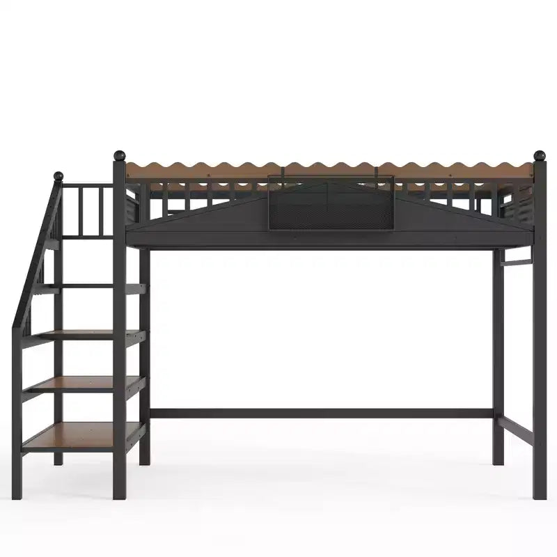 Bellemave Loft Bed with Storage Stairs, Metal Loft Beds Frame with Storage Shelves and Bookshelf for Bedroom, Guest and Dorms, Black