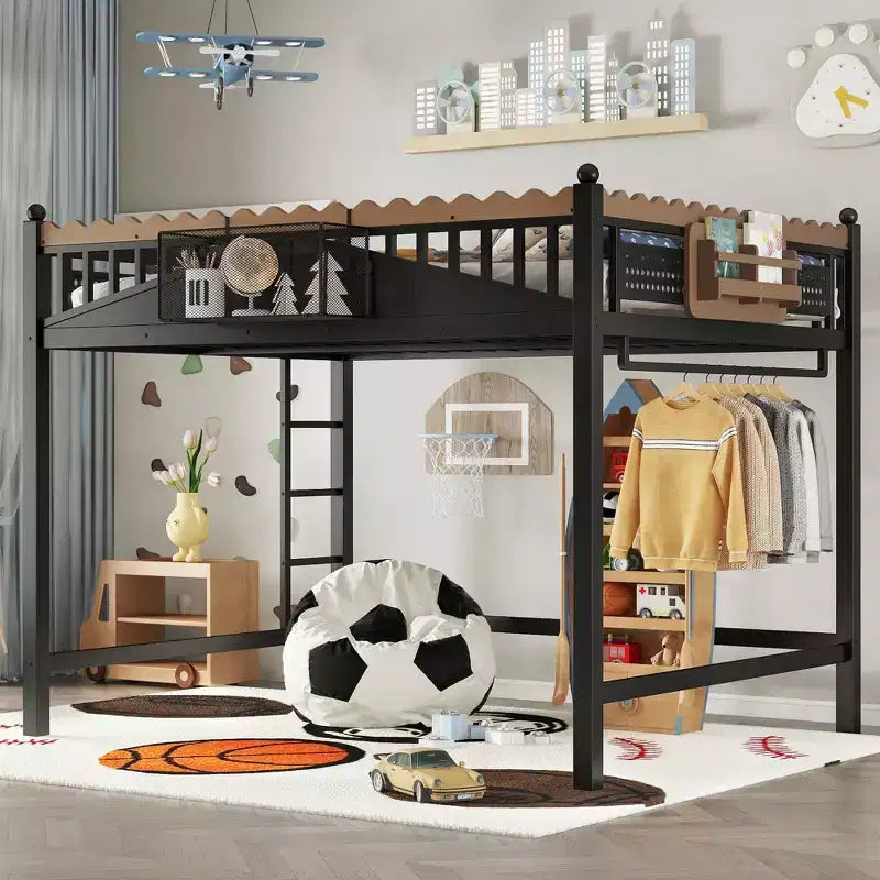Bellemave Loft Bed with Storage Stairs, Metal Loft Beds Frame with Storage Shelves and Bookshelf for Bedroom, Guest and Dorms, Black