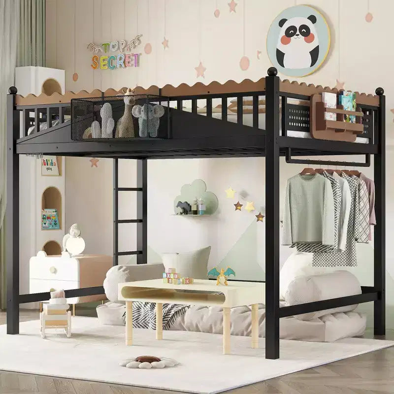 Bellemave Loft Bed with Storage Stairs, Metal Loft Beds Frame with Storage Shelves and Bookshelf for Bedroom, Guest and Dorms, Black