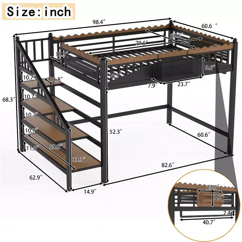 Bellemave Loft Bed with Storage Stairs, Metal Loft Beds Frame with Storage Shelves and Bookshelf for Bedroom, Guest and Dorms, Black