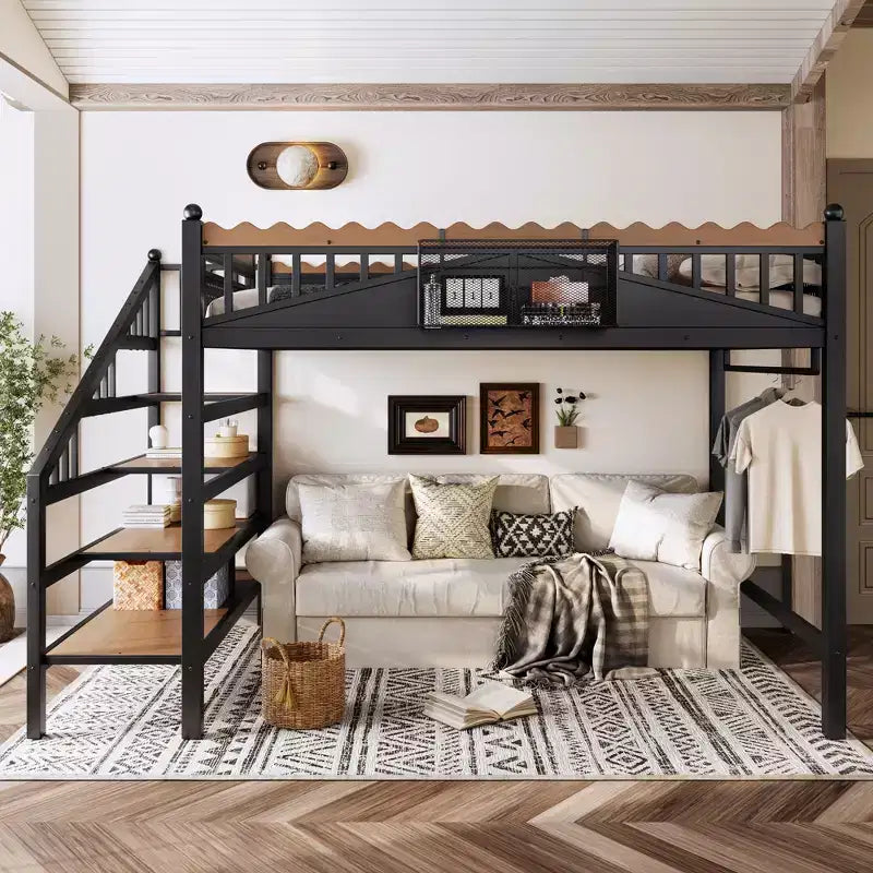 Bellemave Loft Bed with Storage Stairs, Metal Loft Beds Frame with Storage Shelves and Bookshelf for Bedroom, Guest and Dorms, Black