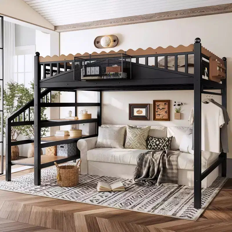 Bellemave Loft Bed with Storage Stairs, Metal Loft Beds Frame with Storage Shelves and Bookshelf for Bedroom, Guest and Dorms, Black