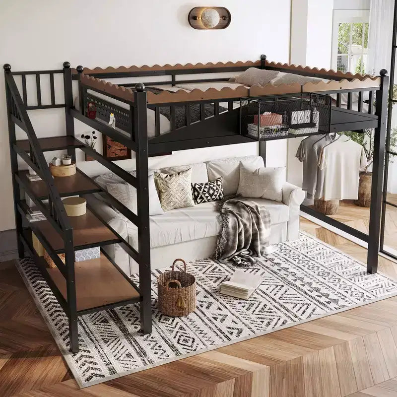 Bellemave Loft Bed with Storage Stairs, Metal Loft Beds Frame with Storage Shelves and Bookshelf for Bedroom, Guest and Dorms, Black