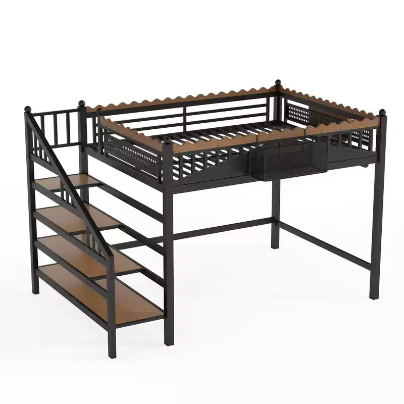Bellemave Loft Bed with Storage Stairs, Metal Loft Beds Frame with Storage Shelves and Bookshelf for Bedroom, Guest and Dorms, Black