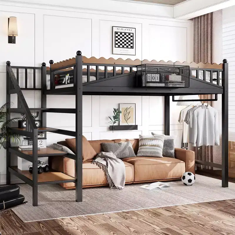 Bellemave Loft Bed with Storage Stairs, Metal Loft Beds Frame with Storage Shelves and Bookshelf for Bedroom, Guest and Dorms, Black