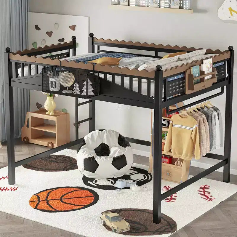 Bellemave Loft Bed with Storage Stairs, Metal Loft Beds Frame with Storage Shelves and Bookshelf for Bedroom, Guest and Dorms, Black