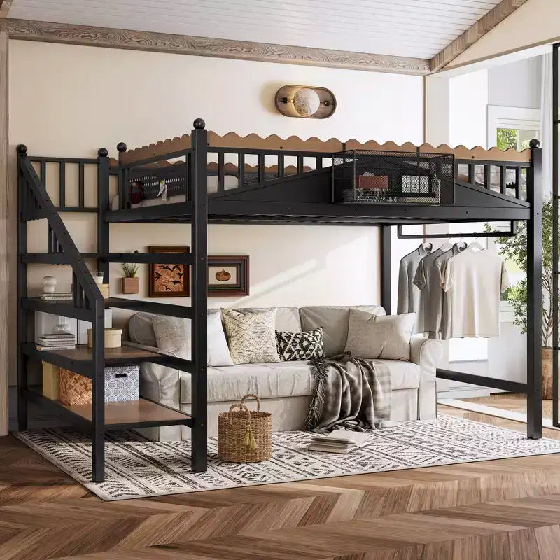 Bellemave Loft Bed with Storage Stairs, Metal Loft Beds Frame with Storage Shelves and Bookshelf for Bedroom, Guest and Dorms, Black