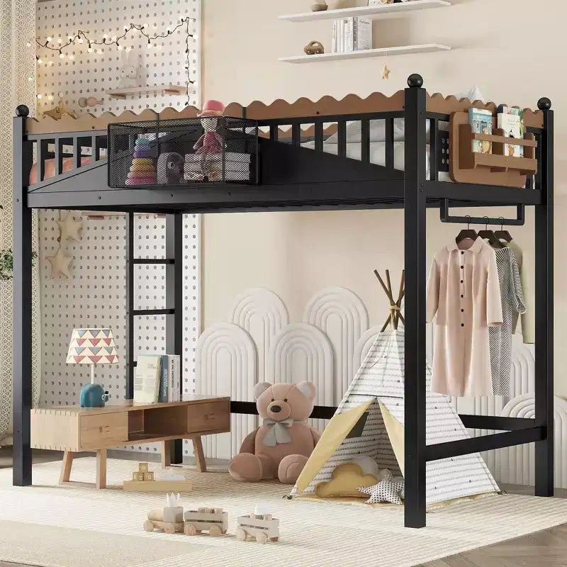 Bellemave Loft Bed with Storage Stairs, Metal Loft Beds Frame with Storage Shelves and Bookshelf for Bedroom, Guest and Dorms, Black