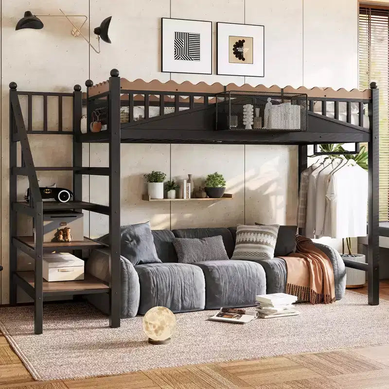 Bellemave Loft Bed with Storage Stairs, Metal Loft Beds Frame with Storage Shelves and Bookshelf for Bedroom, Guest and Dorms, Black