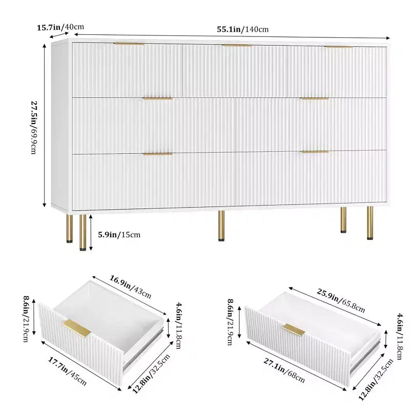 7 Drawer Dresser for Bedroom Chest of Drawers, 55 Wide Fluted Dresser, Modern Wooden Double Dressers with Metal Handles for Living Room