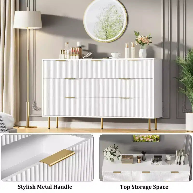 7 Drawer Dresser for Bedroom Chest of Drawers, 55 Wide Fluted Dresser, Modern Wooden Double Dressers with Metal Handles for Living Room