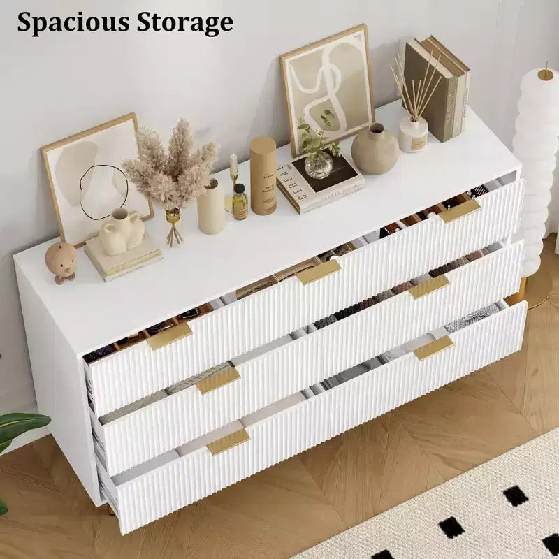 7 Drawer Dresser for Bedroom Chest of Drawers, 55 Wide Fluted Dresser, Modern Wooden Double Dressers with Metal Handles for Living Room