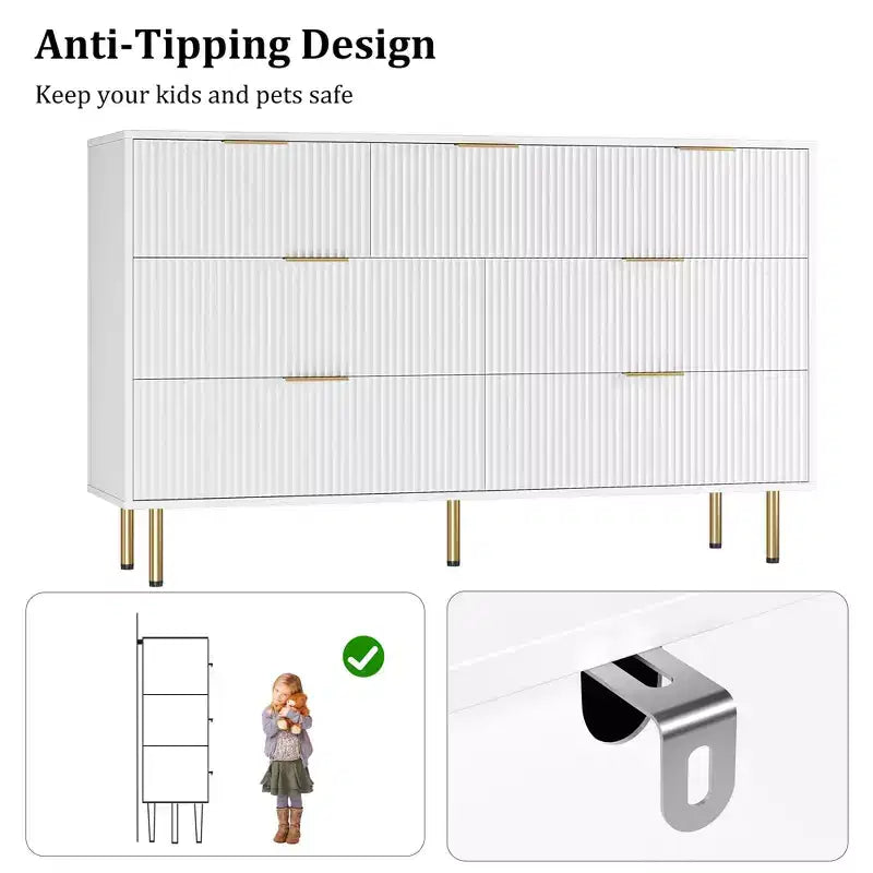 7 Drawer Dresser for Bedroom Chest of Drawers, 55 Wide Fluted Dresser, Modern Wooden Double Dressers with Metal Handles for Living Room