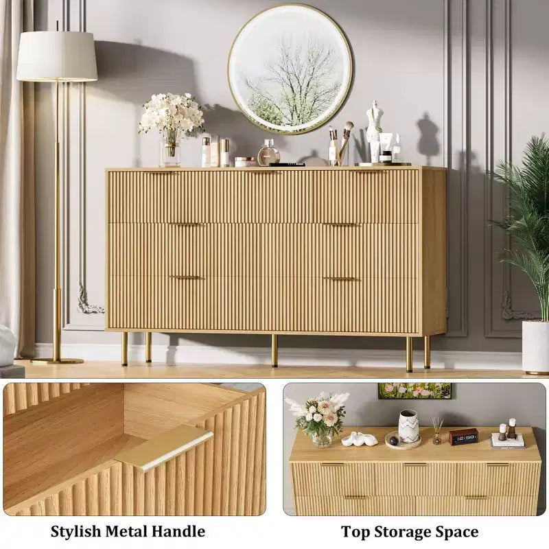 7 Drawer Dresser for Bedroom Chest of Drawers, 55 Wide Fluted Dresser, Modern Wooden Double Dressers with Metal Handles for Living Room