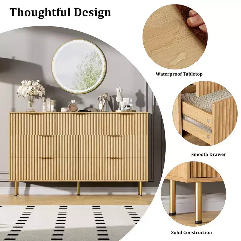 7 Drawer Dresser for Bedroom Chest of Drawers, 55 Wide Fluted Dresser, Modern Wooden Double Dressers with Metal Handles for Living Room