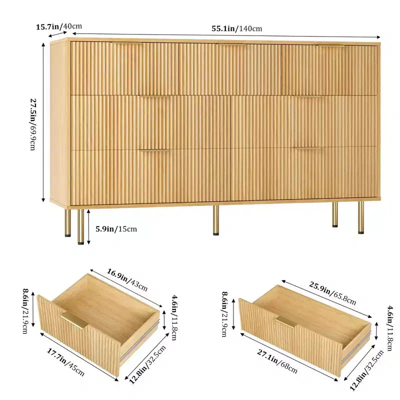 7 Drawer Dresser for Bedroom Chest of Drawers, 55 Wide Fluted Dresser, Modern Wooden Double Dressers with Metal Handles for Living Room
