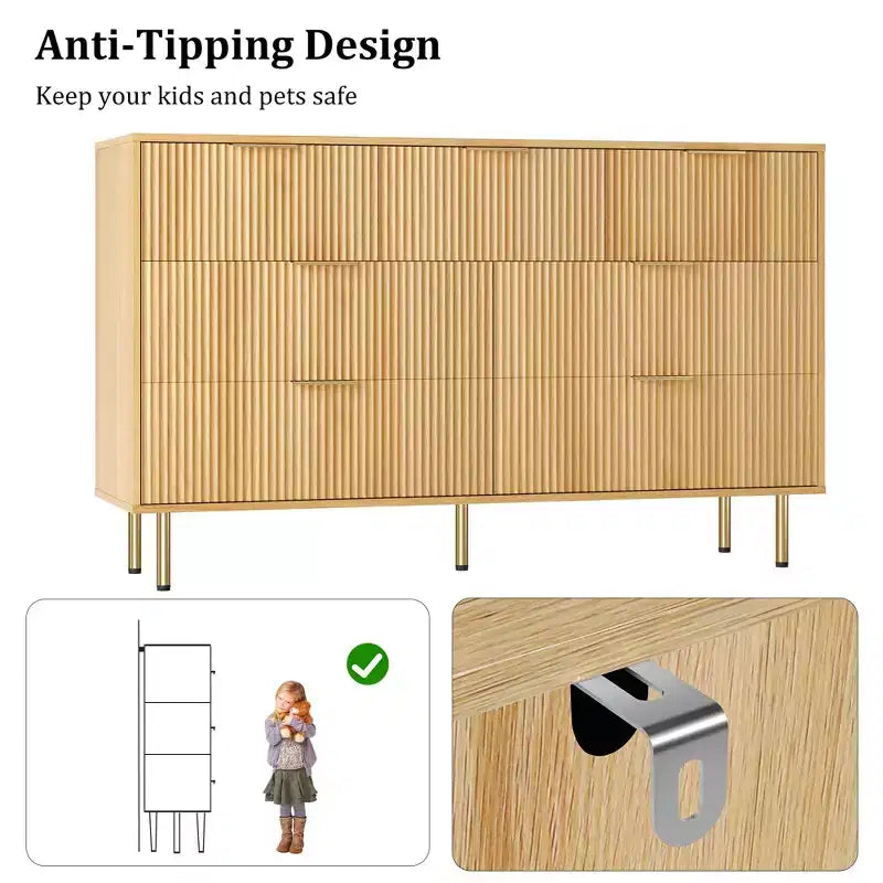 7 Drawer Dresser for Bedroom Chest of Drawers, 55 Wide Fluted Dresser, Modern Wooden Double Dressers with Metal Handles for Living Room