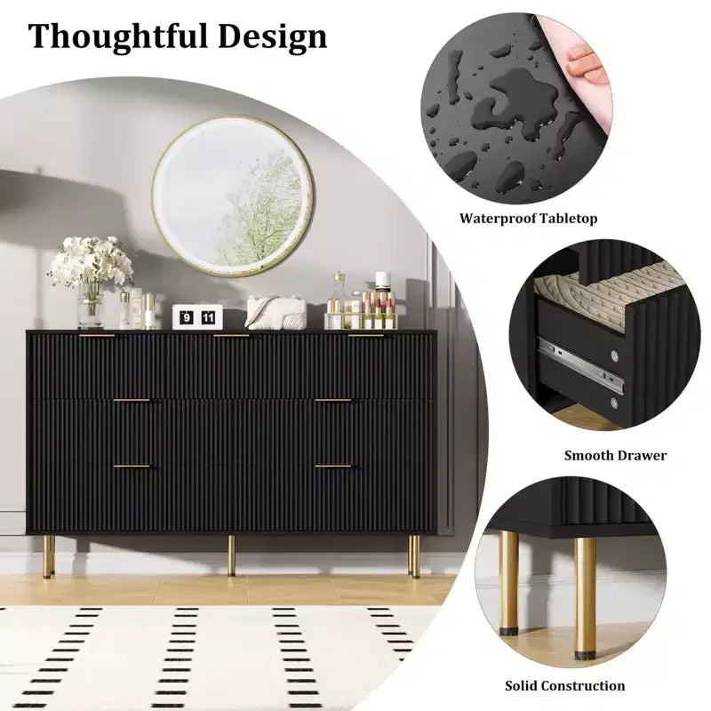 7 Drawer Dresser for Bedroom Chest of Drawers, 55 Wide Fluted Dresser, Modern Wooden Double Dressers with Metal Handles for Living Room