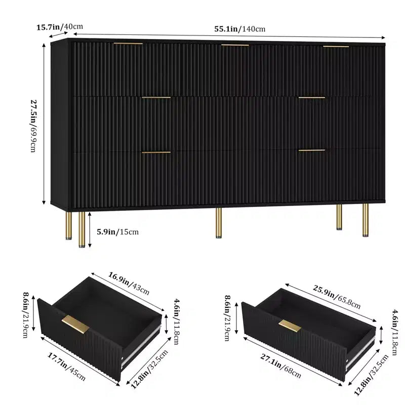 7 Drawer Dresser for Bedroom Chest of Drawers, 55 Wide Fluted Dresser, Modern Wooden Double Dressers with Metal Handles for Living Room