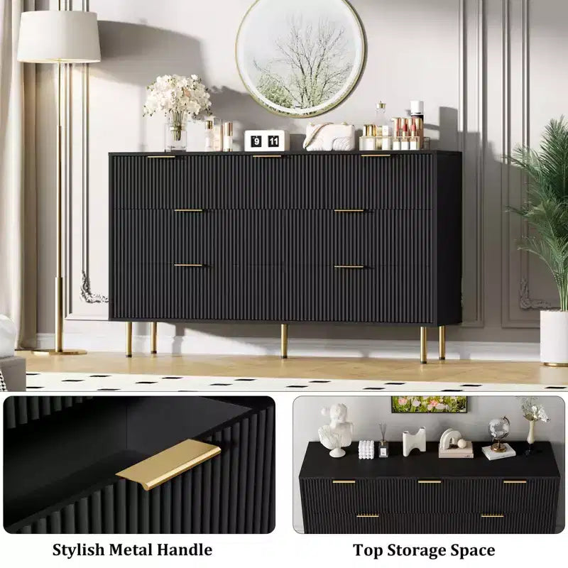 7 Drawer Dresser for Bedroom Chest of Drawers, 55 Wide Fluted Dresser, Modern Wooden Double Dressers with Metal Handles for Living Room
