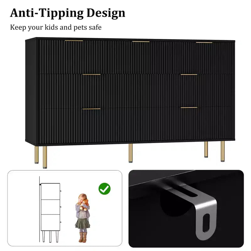 7 Drawer Dresser for Bedroom Chest of Drawers, 55 Wide Fluted Dresser, Modern Wooden Double Dressers with Metal Handles for Living Room