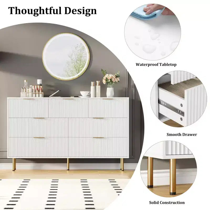 7 Drawer Dresser for Bedroom Chest of Drawers, 55 Wide Fluted Dresser, Modern Wooden Double Dressers with Metal Handles for Living Room