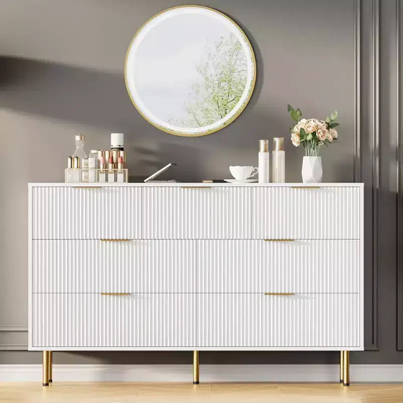 7 Drawer Dresser for Bedroom Chest of Drawers, 55 Wide Fluted Dresser, Modern Wooden Double Dressers with Metal Handles for Living Room