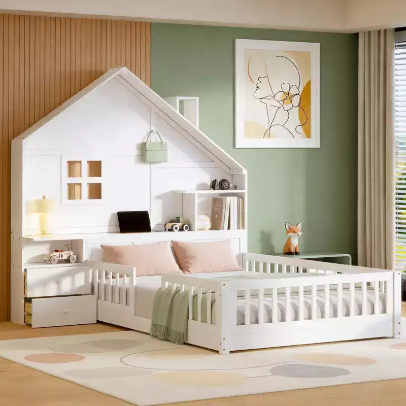 Luxystar Full Size House Platform Bed with Window, 2 Drawers, Shelves and Outlet, White