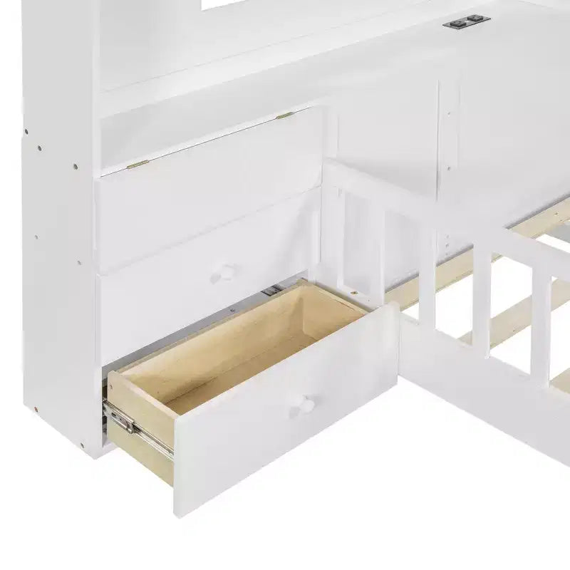 Luxystar Full Size House Platform Bed with Window, 2 Drawers, Shelves and Outlet, White