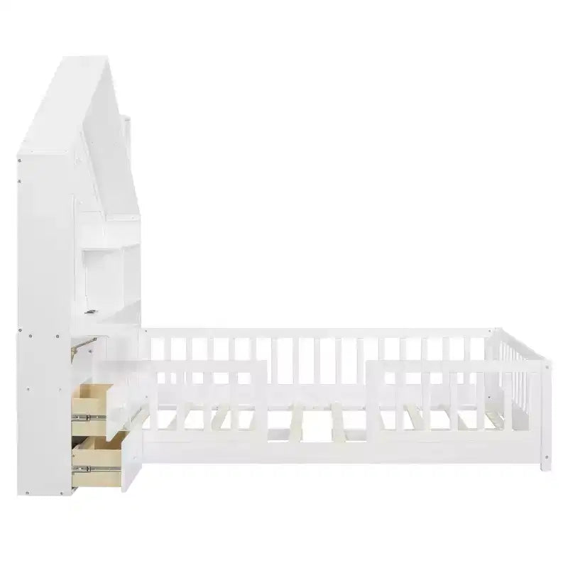 Luxystar Full Size House Platform Bed with Window, 2 Drawers, Shelves and Outlet, White