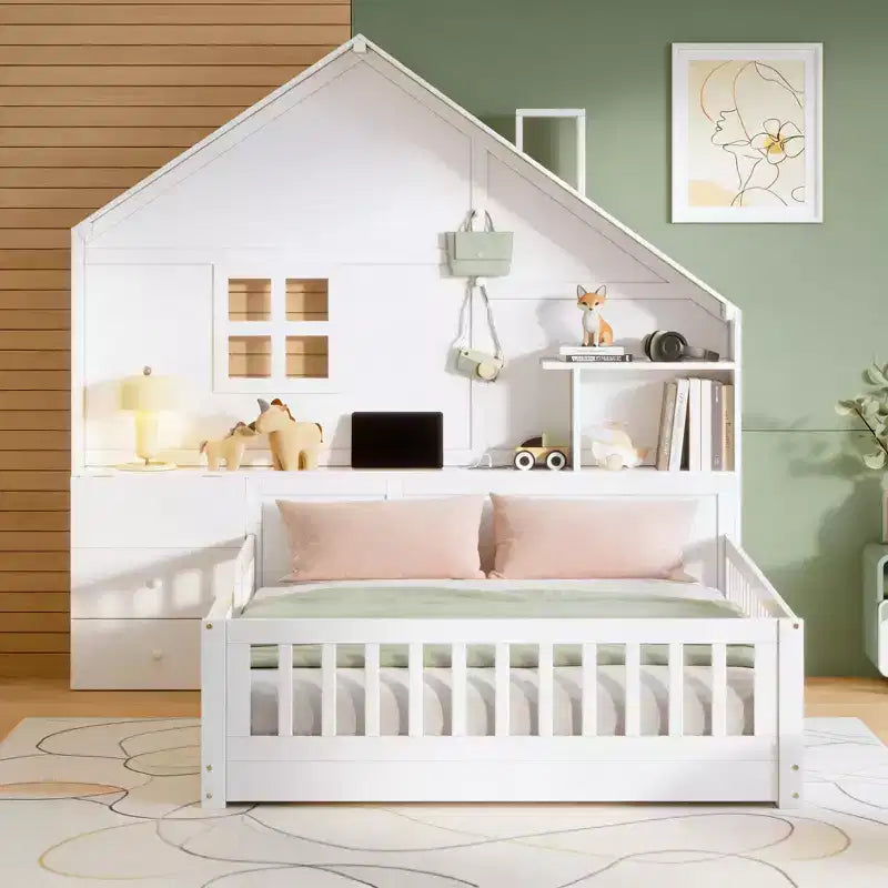 Luxystar Full Size House Platform Bed with Window, 2 Drawers, Shelves and Outlet, White