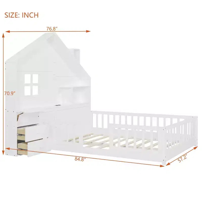 Luxystar Full Size House Platform Bed with Window, 2 Drawers, Shelves and Outlet, White