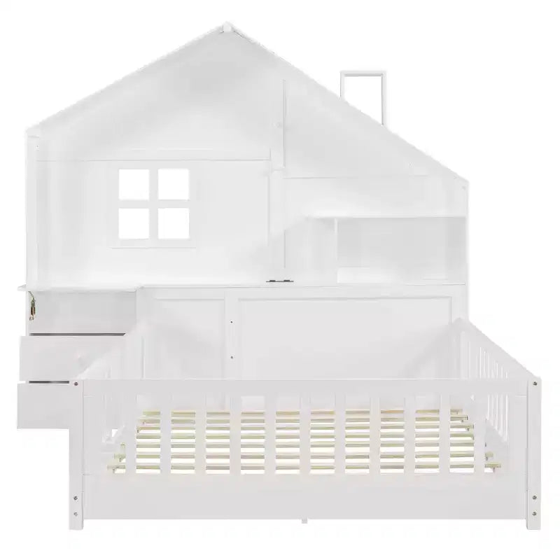 Luxystar Full Size House Platform Bed with Window, 2 Drawers, Shelves and Outlet, White