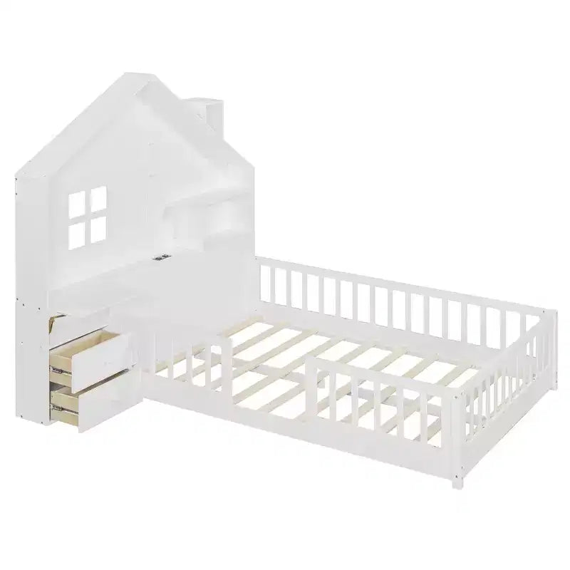 Luxystar Full Size House Platform Bed with Window, 2 Drawers, Shelves and Outlet, White